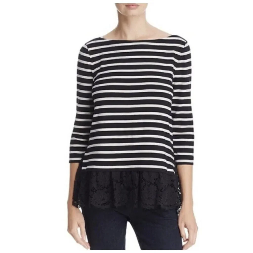 Kate Spade Broome Street Boatneck Black White Stripe 3/4 Sleeve Blouse Size S